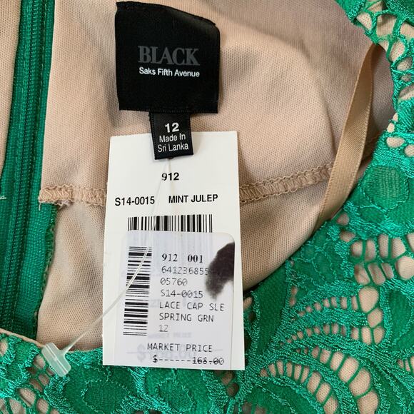 Saks Fifth Ave Black Label midi dress cap sleeve green lace beige lining size 12 - Picture 4 of 8